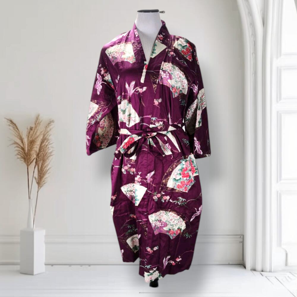 Japanese Kimono Robe Cotton Purple Crane Floral Belted Yukata Style L